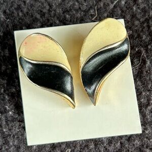 Black and White Enamel Pierced  Earrings in Gold Tone Two Halves of a Heart